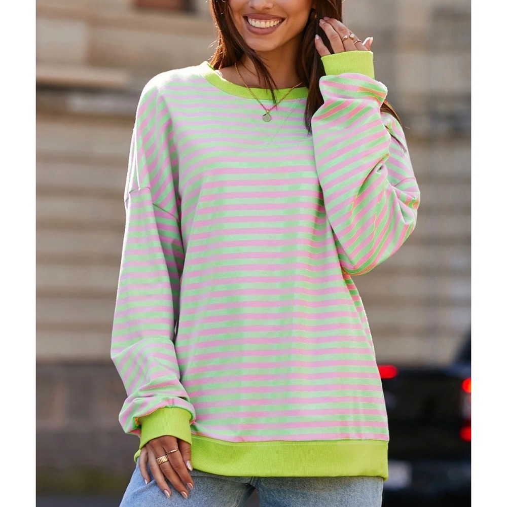 Pink and Mint Green Striped Oversized Crewneck Sweatshirt Lime Green Trim
